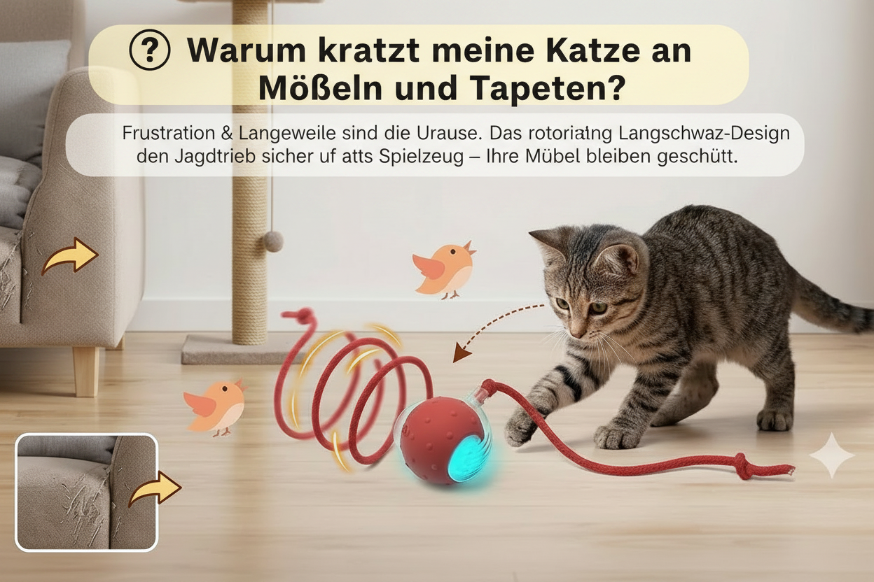 ❓ Warum kratzt meine Katze an Möbeln und Tapeten und wie stoppe ich das?Kratzen und Zerstörungswut entstehen meist aus purer Frustration und Langeweile. Das rotierende Langschwanz-Design und die unvorhersehbaren Richtungswechsel des Balls lenken den Fokus Ihrer Katze komplett von Ihren Möbeln ab. Der Jagdtrieb wird sicher auf das Spielzeug umgeleitet, um Ihre Einrichtung zu schützen.