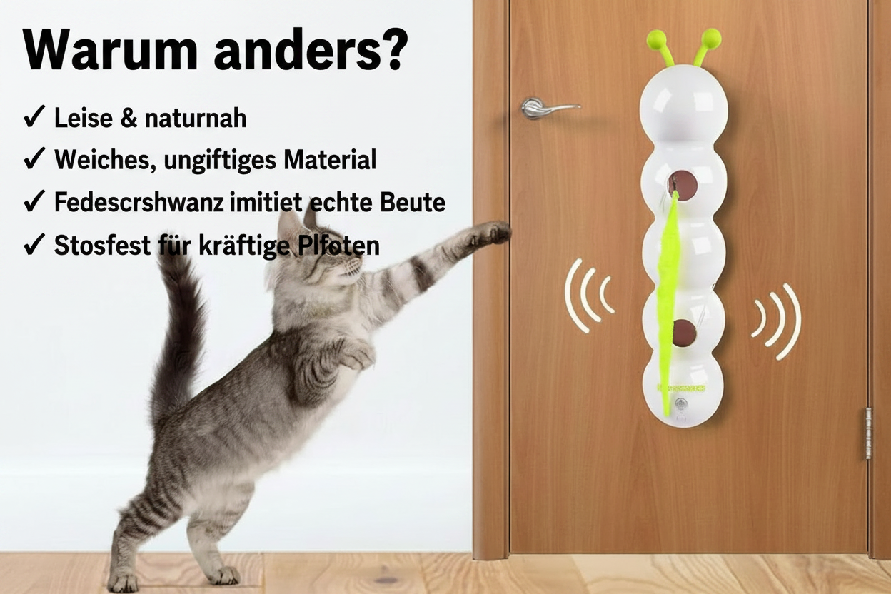 Warum unsere Raupe anders ist als andere KatzenspielzeugeViele interaktive Spielzeuge sind laut, unberechenbar oder zerbrechlich. Unsere Raupe „Wack’A’Worm“ (Design inspiriert) besteht aus weichem, ungiftigem Material und bewegt sich leise und naturnah. Der federbesetzte Schwanz imitiert eine Vogel- oder Mäuseschwanzbewegung – das lieben Katzen! Zudem ist das Gerät stoßfest und für kräftige Pfotenhiebe ausgelegt.