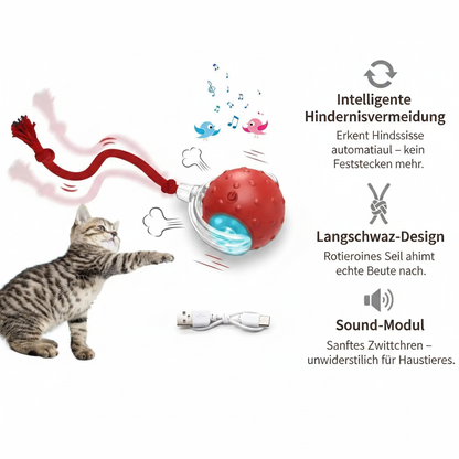Interaktiver Katzenball mit rotierendem Langschwanz, blauem LED-Licht, Sound-Modul und USB-C-Ladekabel – Katze greift spielend danach