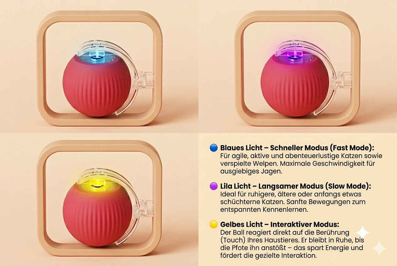 Vielseitige Betriebsmodi (3 Modi mit LED-Anzeige)Passen Sie das Spielzeug individuell an das Energielevel und die Persönlichkeit Ihres Tieres an. Die farbigen LED-Lichter zeigen Ihnen jederzeit den aktuellen Status: 🔵 Blaues Licht – Schneller Modus (Fast Mode): Für agile, aktive und abenteuerlustige Katzen sowie verspielte Welpen. Maximale Geschwindigkeit für ausgiebiges Jagen. 🟣 Lila Licht – Langsamer Modus (Slow Mode): Ideal für ruhigere, ältere oder anfangs etwas schüchterne Katzen. Sanfte Bewegungen z