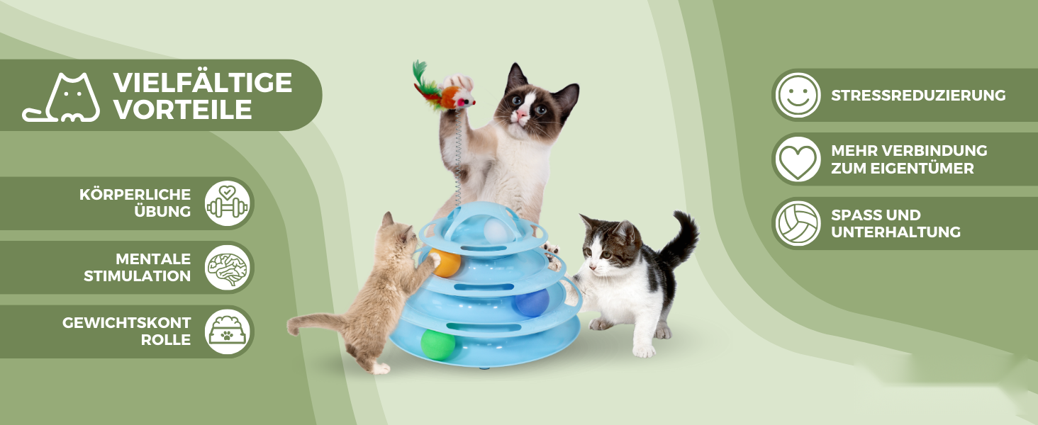 Vielfältige Vorteile für ein glückliches Katzenleben 🐾Unser Catplay Turmspielzeug fördert die Gesundheit deiner Samtpfote auf allen Ebenen:Bewegung & Gewichtskontrolle: Das Jagen der rotierenden Bälle hält deine Katze aktiv und beugt Übergewicht effektiv vor.Mentale Stimulation: Die unvorhersehbaren Bewegungen auf 4 Ebenen fordern das Köpfchen und vertreiben den Alltagsfrust.Stressreduzierung: Das selbstständige Auspowern baut angestauten Stress ab und sorgt für innere Balance.Gemeinsamer Spaß: Stärkt spie