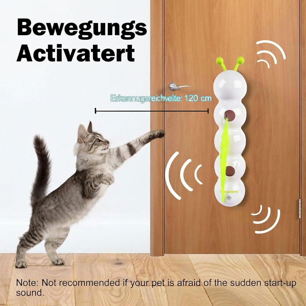 Interaktives Katzenspielzeug Wack'A'Worm – bewegungsaktiviertes Raupenspielzeug mit Saugnapf an Tür, Katze springt und spielt, Erkennungsreichweite 120 cm
