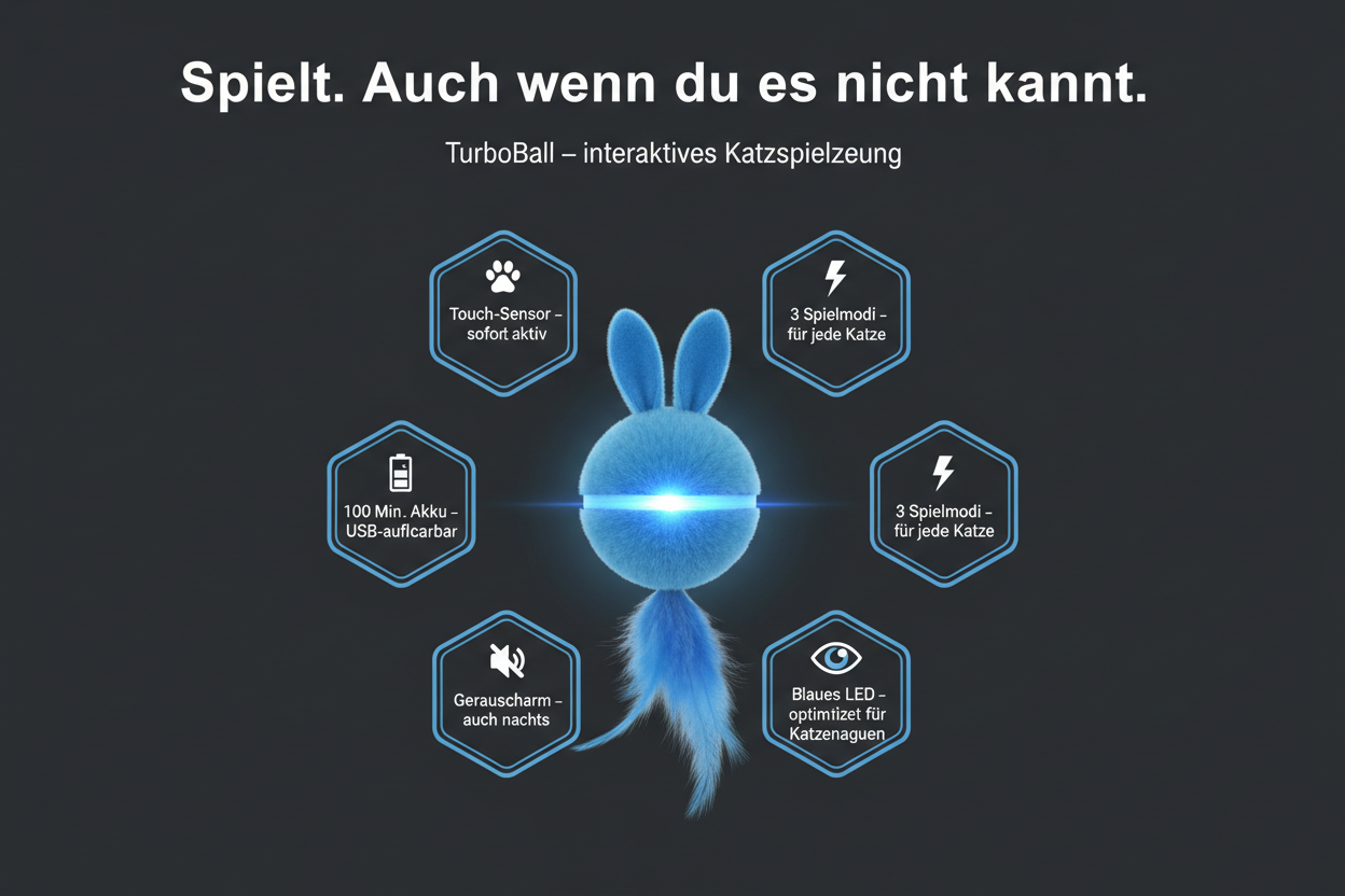 Der TurboBall spielt – auch wenn du es nicht kannst.

Der TurboBall ist ein selbstfahrendes, interaktives Katzenspielzeug, das deiner Katze genau die Stimulation gibt, die sie braucht – automatisch, leise und ohne dein Zutun.

🐾 Touch-Sensor: Deine Katze berührt den Ball – er erwacht sofort zum Leben
⚡ 3 Spielmodi: Speed Mode, Slow Mode &amp; Interaktiver Modus – für jede Katze der passende Stil
🔵 Blaues LED-Licht: Optimiert für das Sehvermögen von Katzen – maximale Aufmerksamkeit garantiert
🔇 Geräuschar