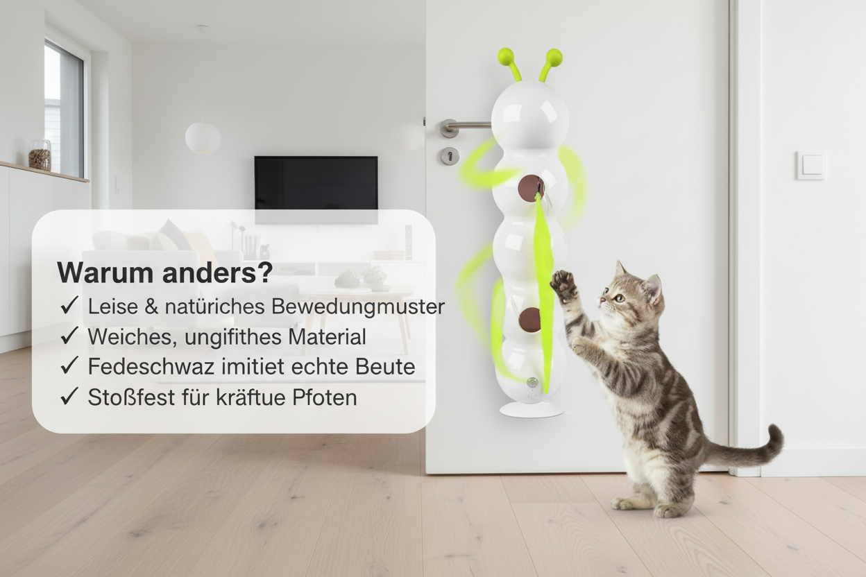 Warum unsere Raupe anders ist als andere Katzenspielzeuge

Viele interaktive Spielzeuge sind laut, unberechenbar oder zerbrechlich. Unsere&nbsp;Raupe „Wack’A’Worm“&nbsp;(Design inspiriert) besteht aus&nbsp;weichem, ungiftigem Material&nbsp;und bewegt sich&nbsp;leise und naturnah. Der federbesetzte Schwanz imitiert eine Vogel- oder Mäuseschwanzbewegung – das lieben Katzen! Zudem ist das Gerät&nbsp;stoßfest&nbsp;und für kräftige Pfotenhiebe ausgelegt.